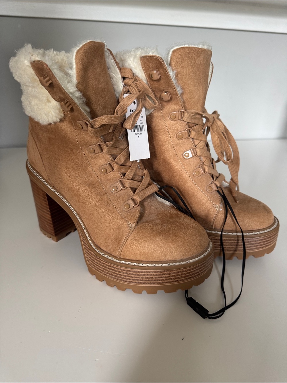 NWT Express Faux-Suede Lug Heel Ankle Boots with Shearling Trim - Tan